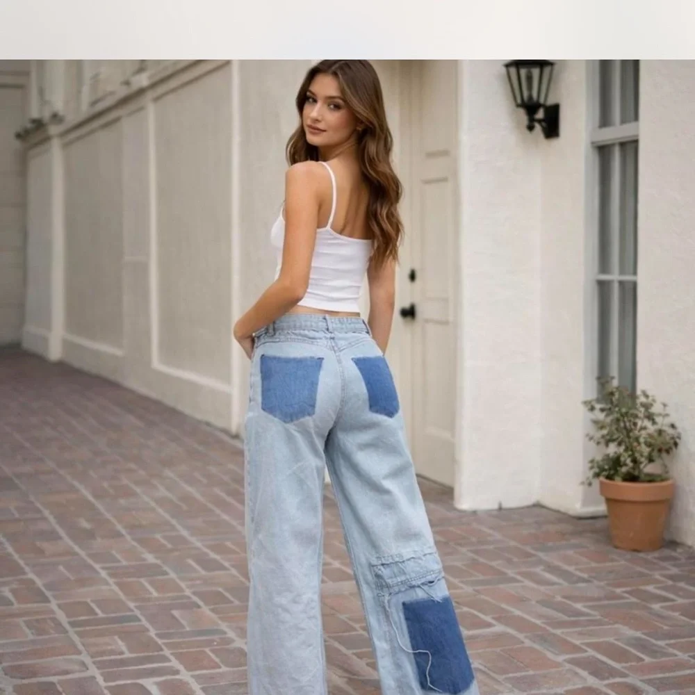 Pull & Bear Wide Leg Patchwork Jeans with‎ Frayed Hems. Size 2 - Picture 2 of 5